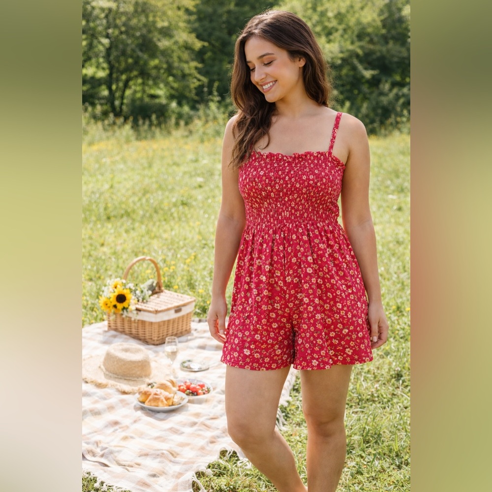 57 NWT Lily Rose Red Floral Smocked Romper XXL Junior Cottagecore Stretch Summer